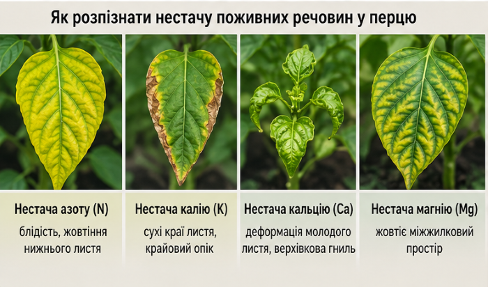 Ознаки нестачи поживних речовин у перцю