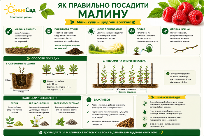 поради щодо посадки та вирощування малини