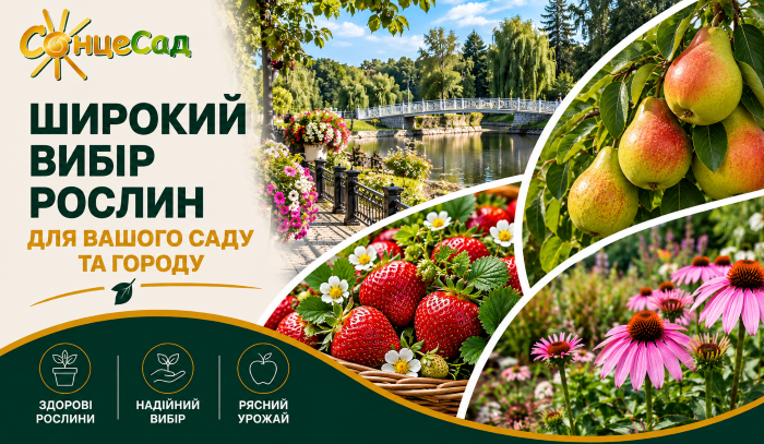 СонцеСад &ndash; широкий выбор саженцев груш, клубники, цветов и декоративных растений с доставкой в ​​Белую Церковь и Киевскую область.
